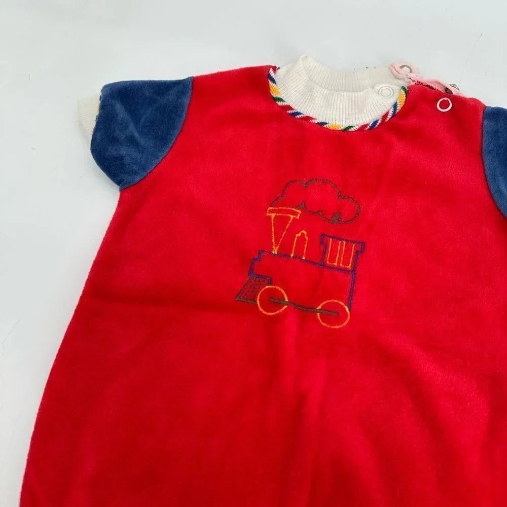 Vintage Doe Spun Red Baby Romper with Train Embroidery